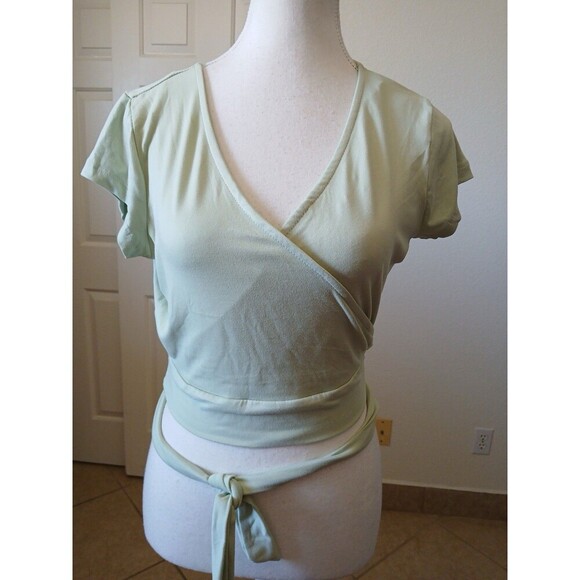 No Comment Womens Blouse V-Neck Wrap Short Sleeves Light Green Size Large - Picture 2 of 15